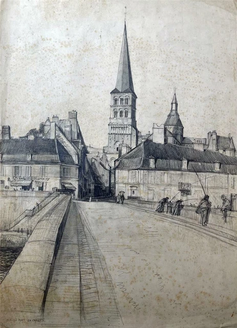 FRANK LEWIS EMANUEL (1865-1948) Pencil Drawing LA CHARITE-SUR-LOIRE FRANCE