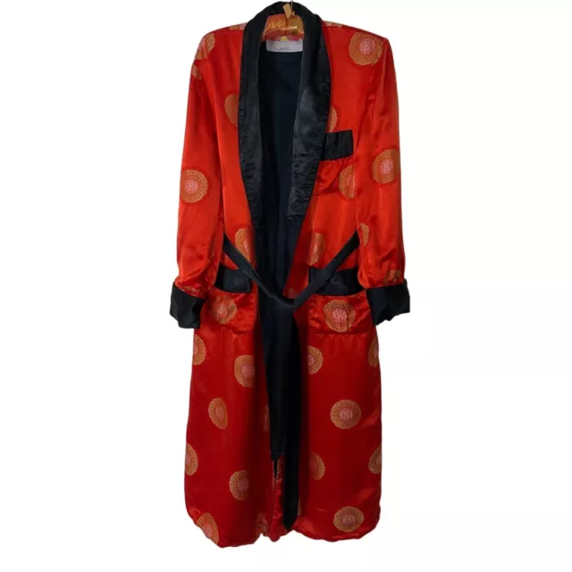Oriental Brand Vintage Mens Smoking Robe Size Medium Red Black Satin Brocade