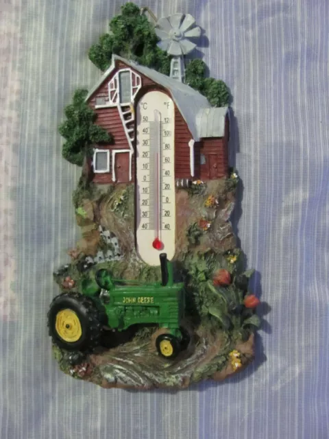 JOHN DEERE Tractor Thermometer Hanging Wall Resin FARM Barn Flowers Windmill 