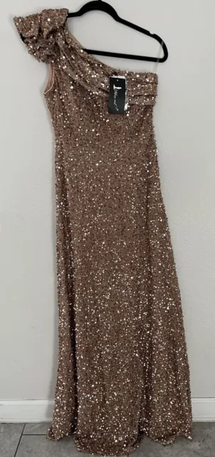 NWT One Shoulder Sequin Formal Evening Prom Dress Gown Gold/Rose Size M
