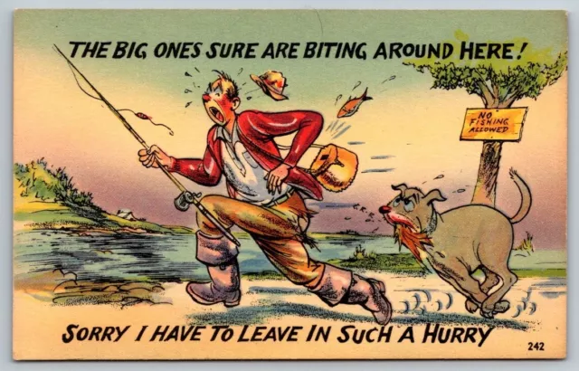 Vintage Saucy Cartoon Humor Postcard - Fisherman Running From Dog
