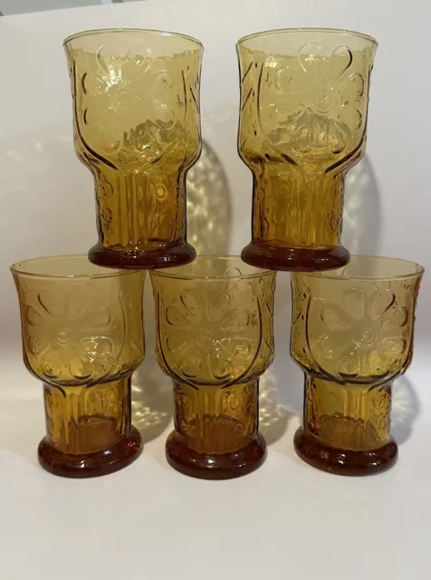 Vintage Libbey Amber Country Garden Daisy Flower 4" Tall Juice Glasses Set of 5