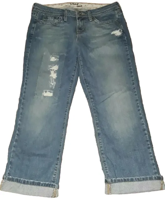 Vintage Y2k Hint Denim Juniors 9 Blue Distressed Mom Jeans Crop Cuff Holes