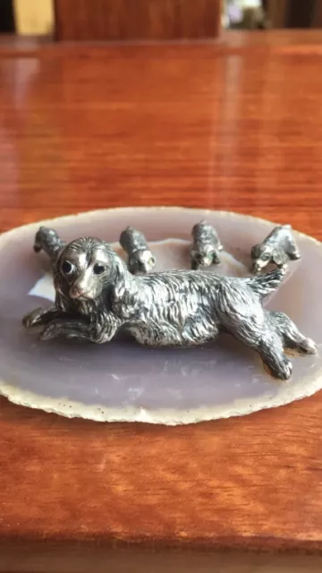 Vintage novelty Italian Solid Silver Cocker Spaniel Dog 4 Puppie Figure On Agate 2