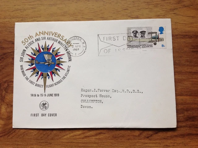 GB Alcock & Whitten Brown Anniversary  First Day Cover 1969 Paddington Pmk .