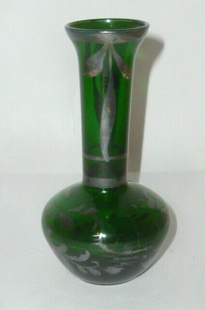 Antiguo Verde Overlay Plata Florero de Cristal Jarrón Overlaysilber Raro