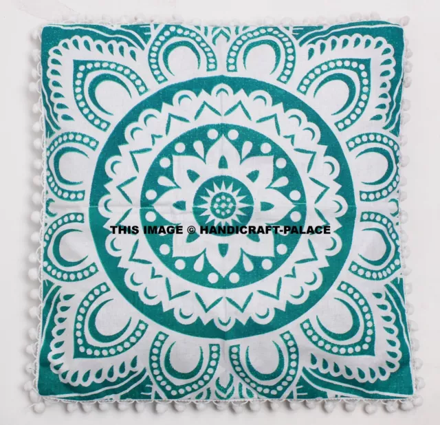 Indio Verde Tresillo Mandala Estampado Funda de Cojín Algodón Manta 16"