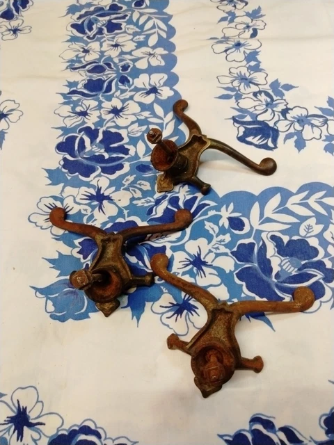 Antique Hall tree Hooks W/Backplate Ornate Cast iron Rack Coat Hat Lot of 3 6