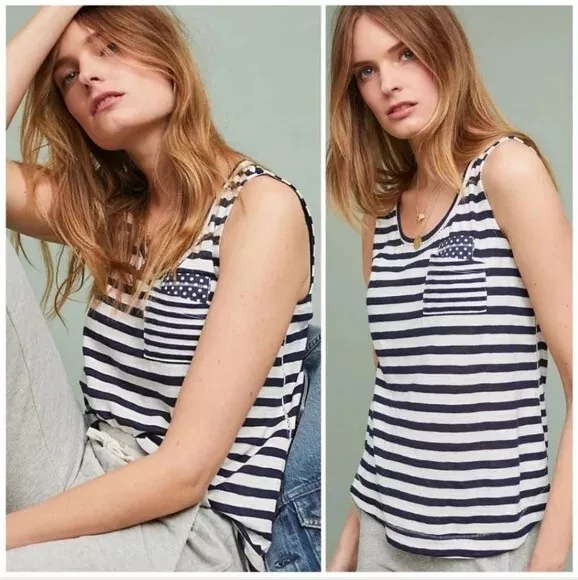 ANTHROPOLOGIE Striped Polka Dot Contrast Pocket Tank Navy Blue White Large