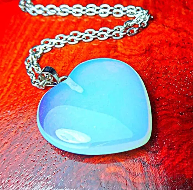 Natural Opalite Stone Crystal Heart Silver Necklace Pendant Healing Chakra