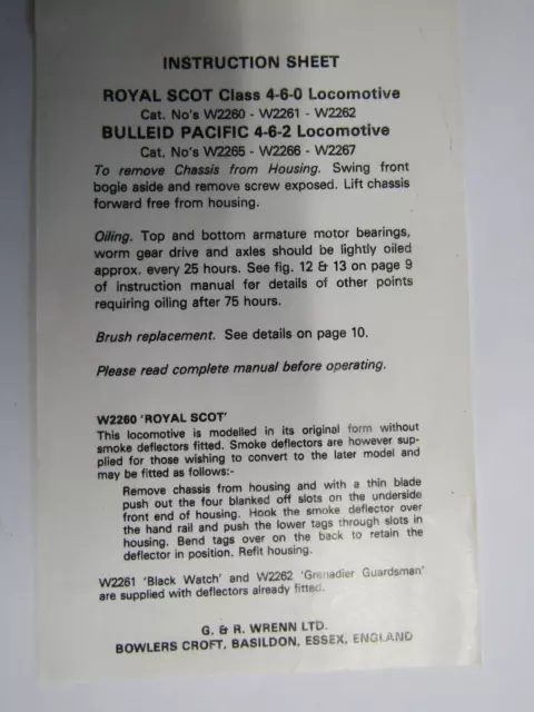 wrenn/hornby dublo oo spares 1x Royal Scot 4-6-0 loco original instruction sheet