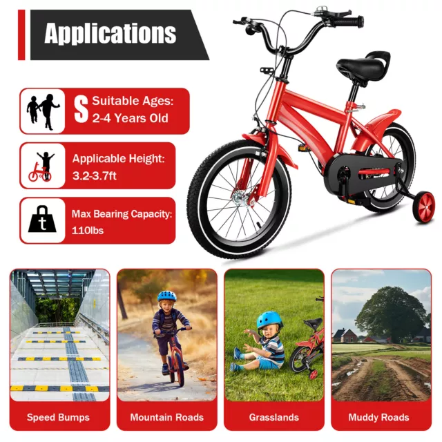Vélo pour enfants de 14 pouces avec roues d'entraînement vélo pour enfants rouge