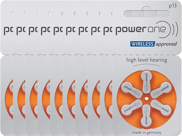 Paquete de 60 audífonos powerone talla 13 de zinc aire P13