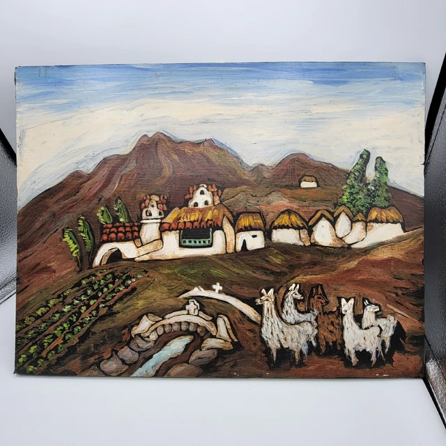 Antique South American Folk Art Painting On Leather Over Wood Board Mission