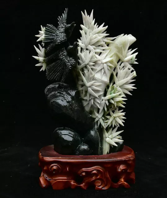 13,6 "chinesische natürliche Dushan Jade geschnitzte Bambusvogel-Statue-Skulptur