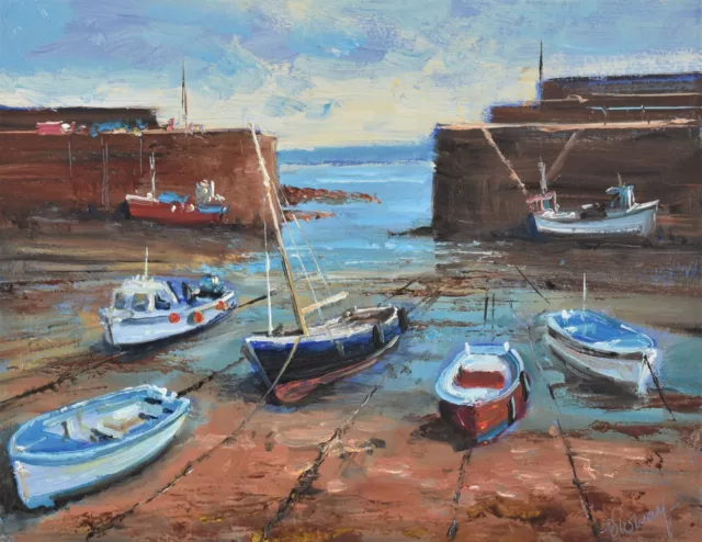 Richard Blowey Original Oil Painting Boats At Mousehole Harbour Cornwall