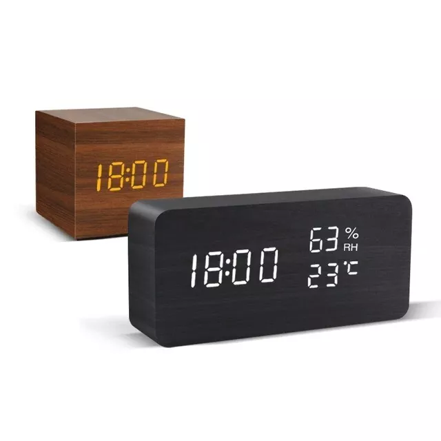 LED Alarm Wooden Watch Table Voice Control Digital Wood Despertador USB/AA Power