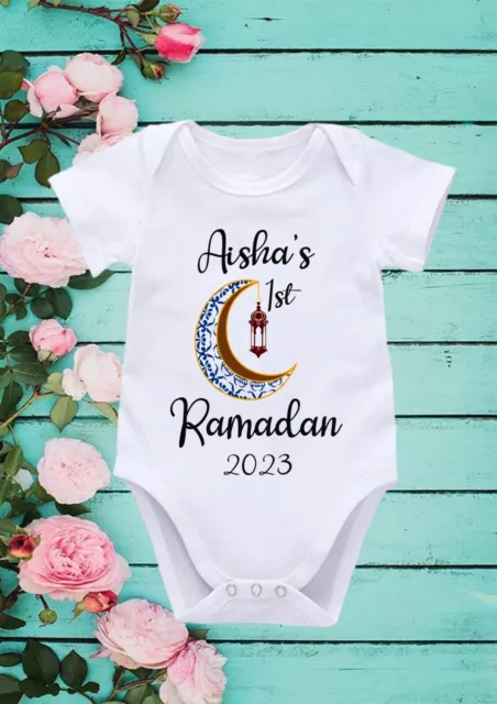 Personalised My First Ramadan Mubarak 2023 Short Long Sleeve Vest Rompersuit 531