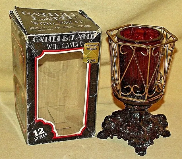 Candle Lamp Original Box Mccrory 1986 Vintage Hong Kong Amber Glass Plastic*