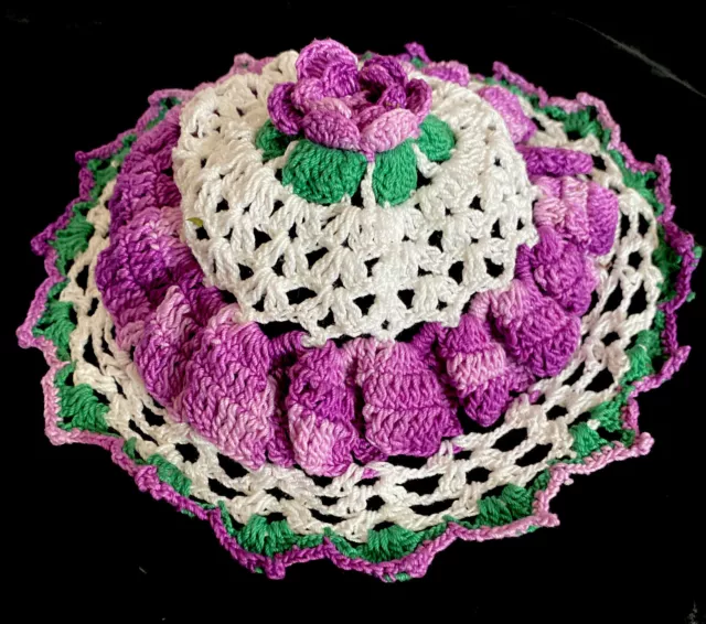 Vintage Crocheted Purple Rose Canister Jar Cover Fluted Round Dimensional Doily