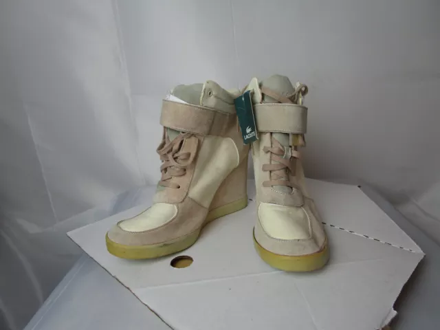 Lacoste Leather Suede Wedge Sneakers boot Womens U.S. 8, Beige and Tan