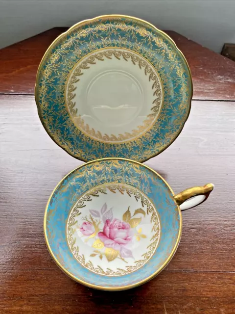 Vintage Aynsley Cabbage Rose  Bone China Blue Tea Cup And Saucer