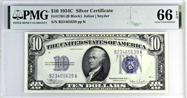 1934-C $10 Silver Certificate ~ Fr1704 Superb Note ~ Pmg Gem Uncirculated 66 Epq