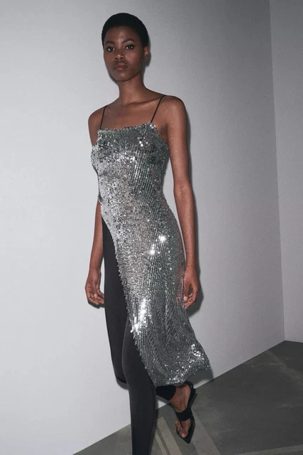 asymmetric sequin dress zara ZARA STUNNING LONG Asymmetric Sequin Top Thin Straps L Might Fit M Trinny  Style £28.78