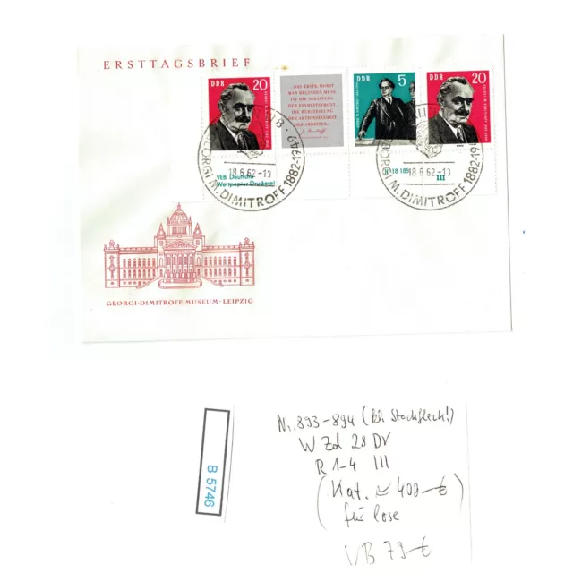 (B5746) DDR Nr. 893 - 894 W Zd 28 o Zusammendruck Ersttag FDC mit Stockfleck