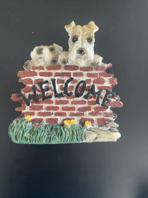 Vintage Cute Terrier Puppies On Brick Wall Welcome Free Standing Sign Plaque