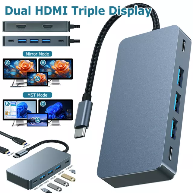 7 in 1 USB-C Laptop Docking Station Type-C Dual Monitor HDMI Hub Adapter 100W PD