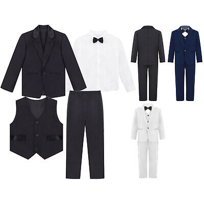 Kid Boys Tuxedo Suit 4 Piece Gentleman Formal Bowtie Blazer Vest Shirt Pants Set