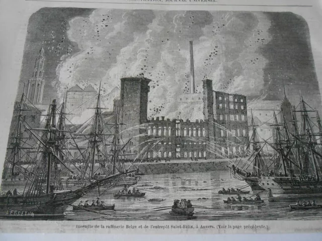 Incendie de la raffinerie Belge entrepot St Félix Anvers Antique Old Print 1861