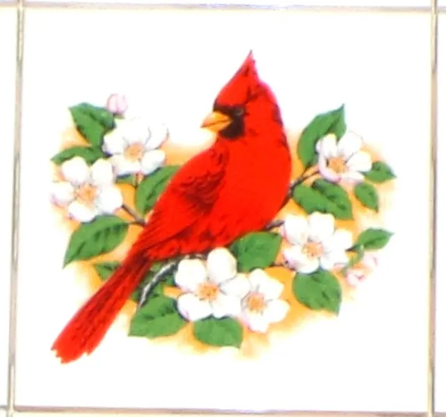 Red Cardinal white flowers Tile Kiln Fired Ceramic Accent 4.25" x 4.25" Bird