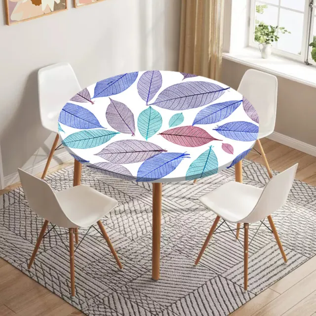 Blue Leaf Summer Table Cover Elastic Edged Polyester Tablecloth Round Table