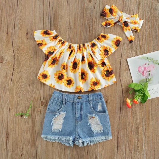 Toddler Kids Baby Girl Summer Clothes Sunflower Tops+Ripped Denim Shorts Outfits 3