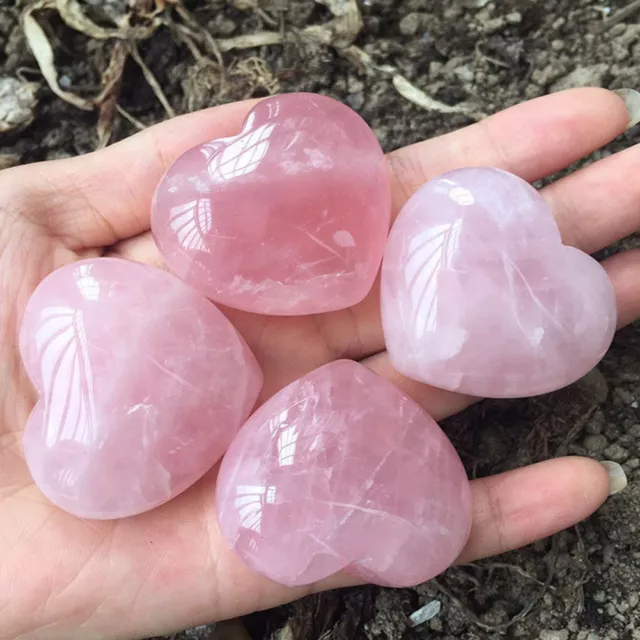 Natural Rose Quartz Heart Pink Crystal Carved Palm Love Healing Gemstone Crafts