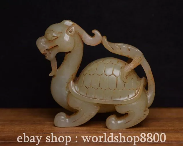 2.4" Chinese Natural Hetian White Jade Carving Dragon turtle Statue Sculpture