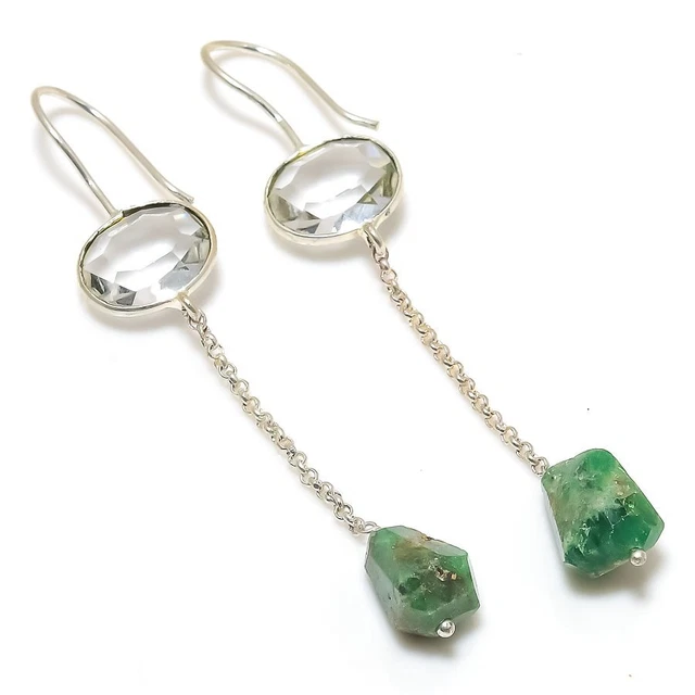 Green Jade, White Topaz Gemstone 925 Sterling Silver Jewelry Earring 2.76 " O652