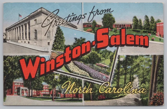 Linen~Greetings~Winston-Salem North Carolina~Post Office~Gardens~Colleges~Vtg PC