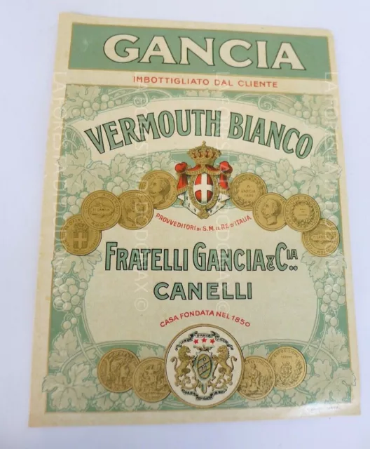 Vecchia Etichetta Antica Bottiglia Liquore Vermouth Bianco  Gancia Canelli 1890