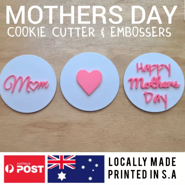 Mothers Day cookie cutter and embosser Mom, Heart & Happy Mothers Day