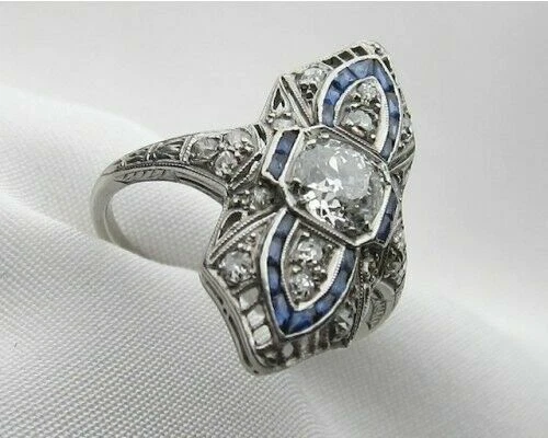 Vintage Art Deco Style Simulated Diamond Navette Engagement Ring In 925 Silver