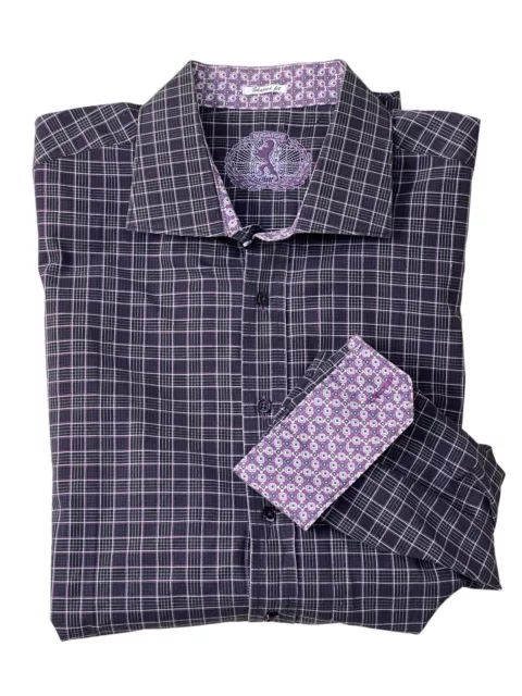 Bugatchi Uomo Shirt Mens XL Purple Plaid Shaped Fit Button Up Long Sleeve Cuff