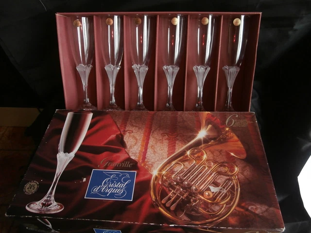 6 FLUTES, Verres à CHAMPAGNE Neuves modèle  GRANVILLE , 17 cl,  CRISTAL D'ARQUES
