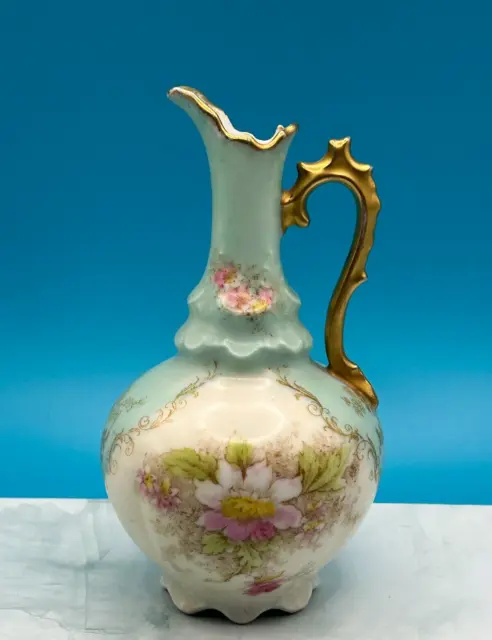 Small Antique Ceramic Jug with Pink Floral Design and Gilded Handle
