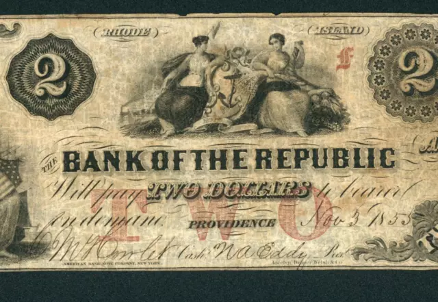 $2 1855 Bank of Republic - Rhode Island Obsolete Note ** DAILY CURRENCY AUCTIONS