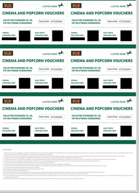 Vue cinema tickets x6, Half Price Popcorn expiry December 2024