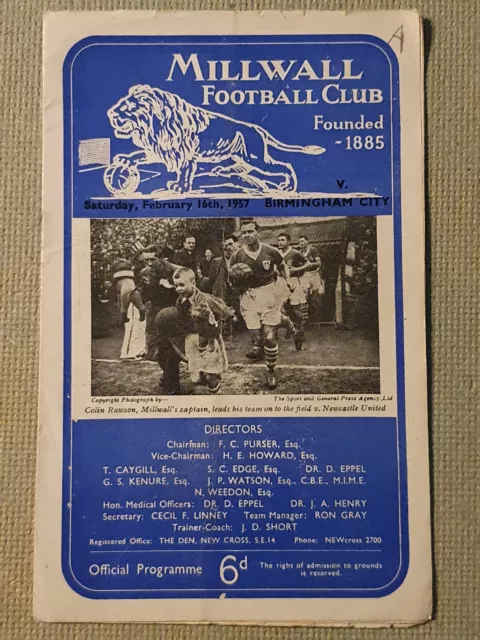 Millwall v Birmingham City Programme 1957 Good Condition