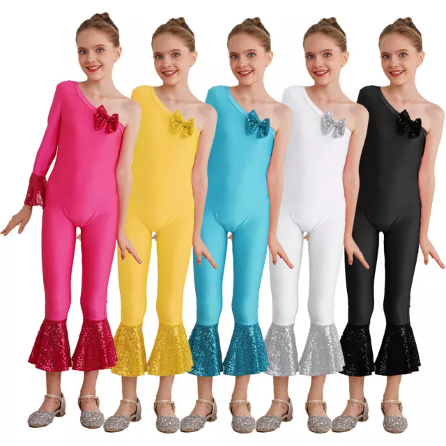 Kids Girls Costume Cute Bodysuit Bell-Bottomed Jumpsuit Bowknot Pants Dance 3